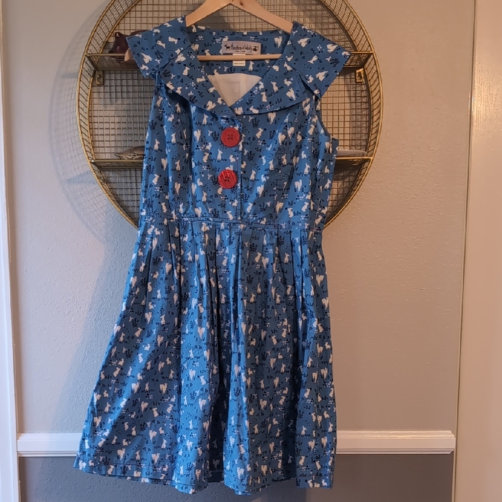 Beebop & Wally Retro Blue Rabbit Print Dress with Red Buttons, Large